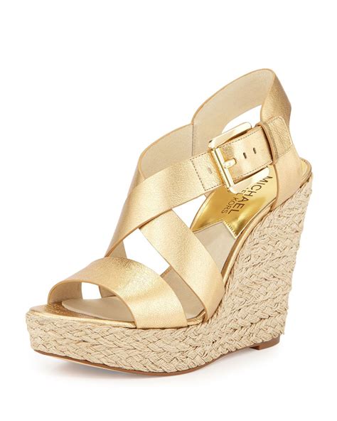 michael kors gold wedges giovanna|MICHAEL Michael Kors Giovanna Leather Espadrille Wedge .